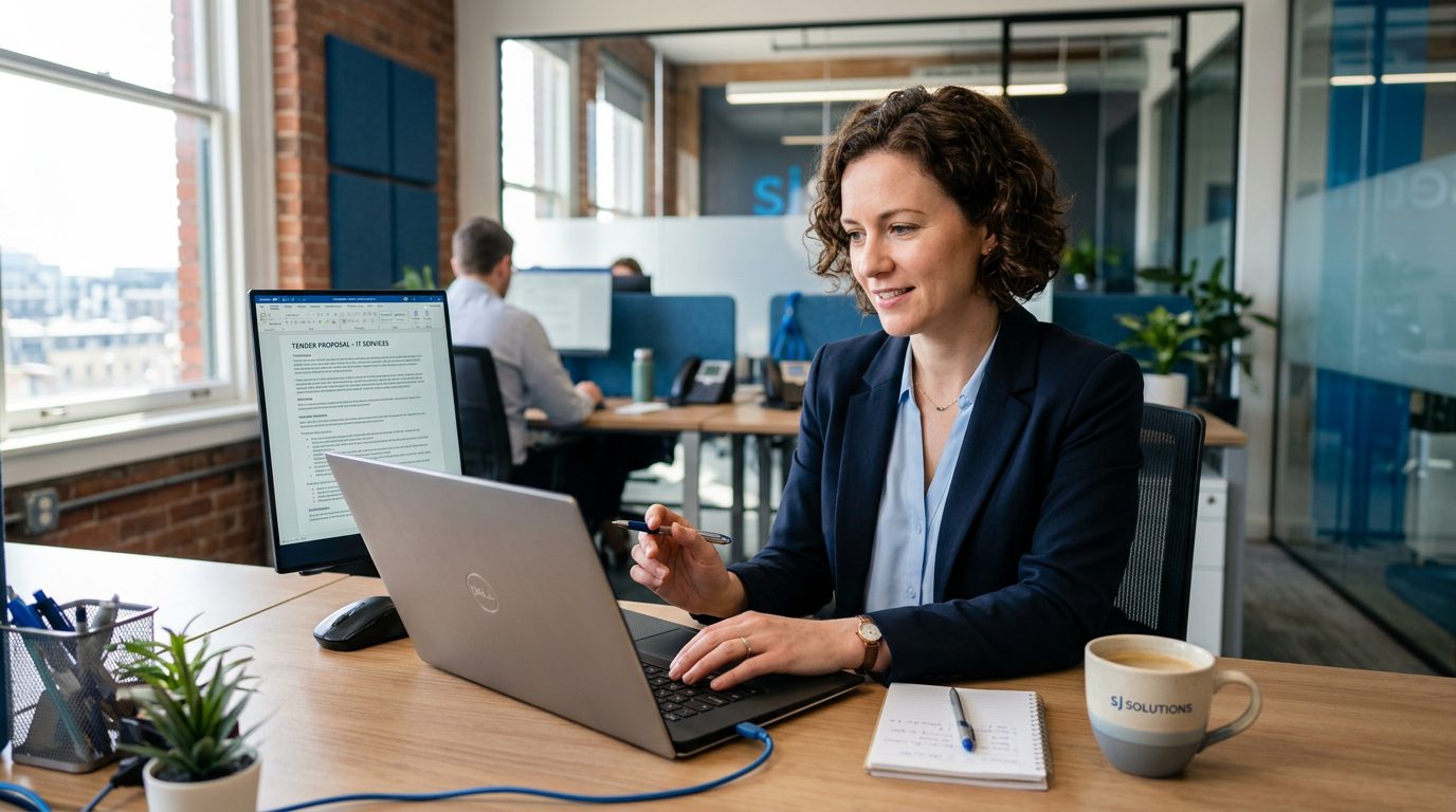 IT services professional using BidForge software to draft a tender proposal on a laptop